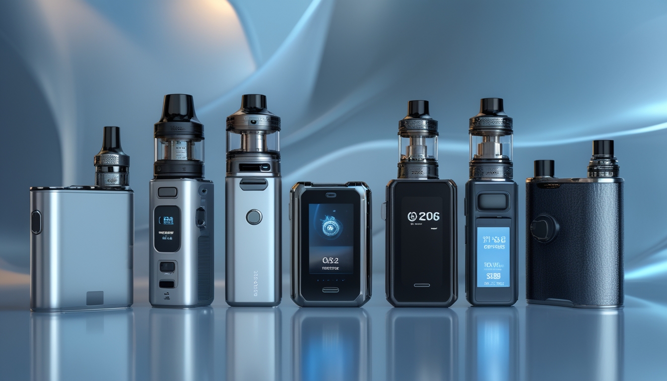 Berbagai perangkat vape modern dan canggih ditata rapi di atas permukaan reflektif dengan latar belakang kabur berwarna biru dan perak.