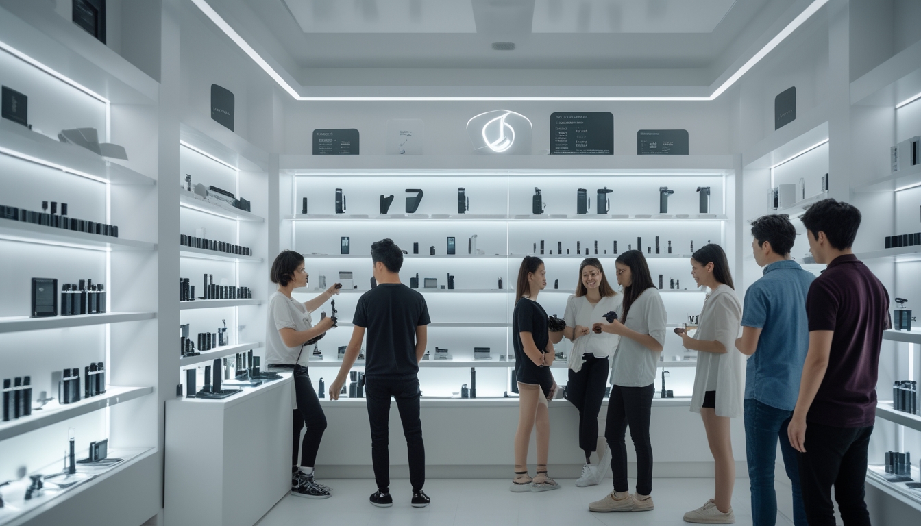 Orang-orang muda sedang melihat dan mencoba berbagai jenis vape di dalam toko vape modern yang terang dan rapi.
