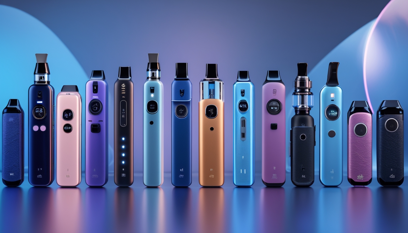 Berbagai jenis vape modern yang populer di kalangan anak muda tahun 2026, ditata rapi di atas permukaan reflektif dengan latar belakang buram berwarna biru dan ungu.