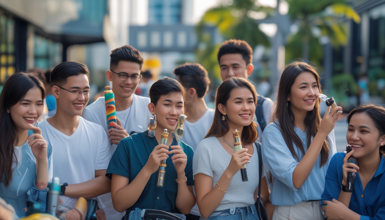 Sekelompok anak muda Indonesia menggunakan berbagai jenis vape di lingkungan perkotaan yang modern.