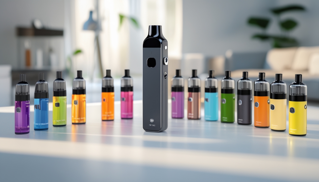 Perangkat vape modern dengan beberapa pod dan botol cairan vape berwarna-warni di atas permukaan putih, dengan latar belakang ruangan yang nyaman dan profesional.