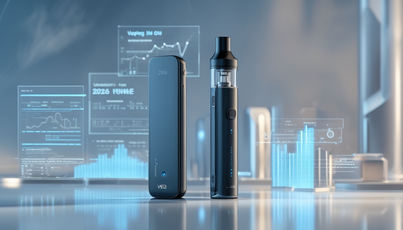 Sebuah perangkat vape modern diletakkan di atas permukaan reflektif dengan latar belakang buram berwarna biru dan perak yang menunjukkan suasana teknologi maju.