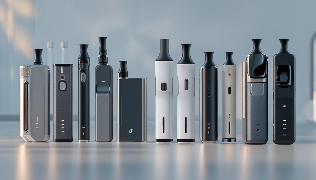 Berbagai perangkat vape modern dengan desain futuristik dan teknologi hemat baterai serta penggunaan liquid yang efisien, ditampilkan di atas permukaan bersih tanpa teks.