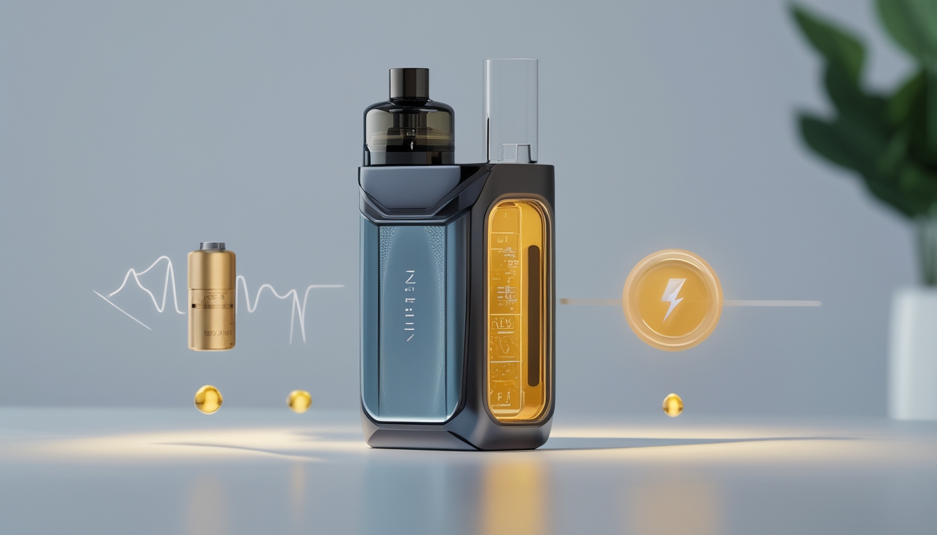 Foto close-up sebuah perangkat vape modern dengan desain futuristik yang menunjukkan teknologi hemat baterai dan sistem liquid efisien.