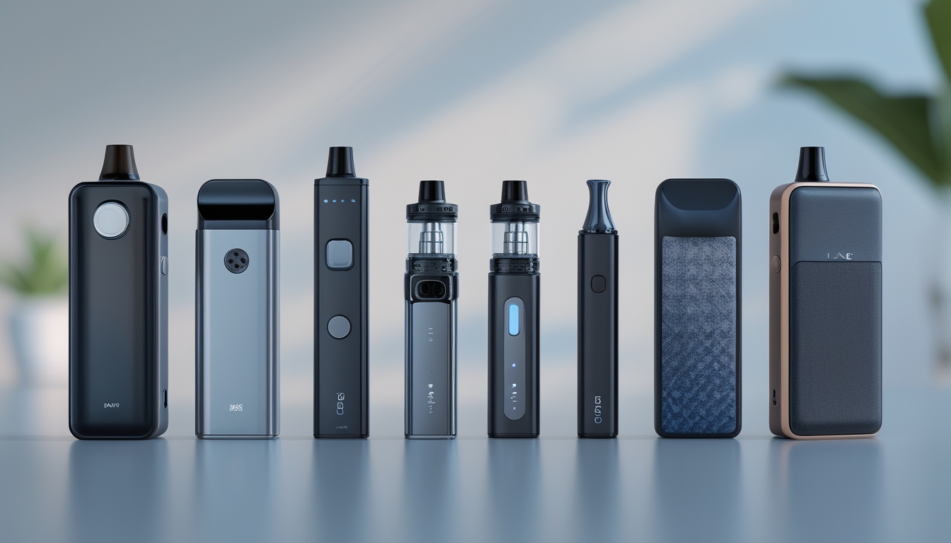 Berbagai jenis perangkat vape seperti pod, vape pen, dan box mod ditata rapi di atas meja dengan latar belakang minimalis.