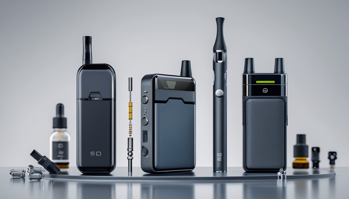 Tiga jenis vape berbeda yaitu pod, pen, dan box mod diletakkan rapi di atas permukaan reflektif dengan aksesori vape di sekitarnya.
