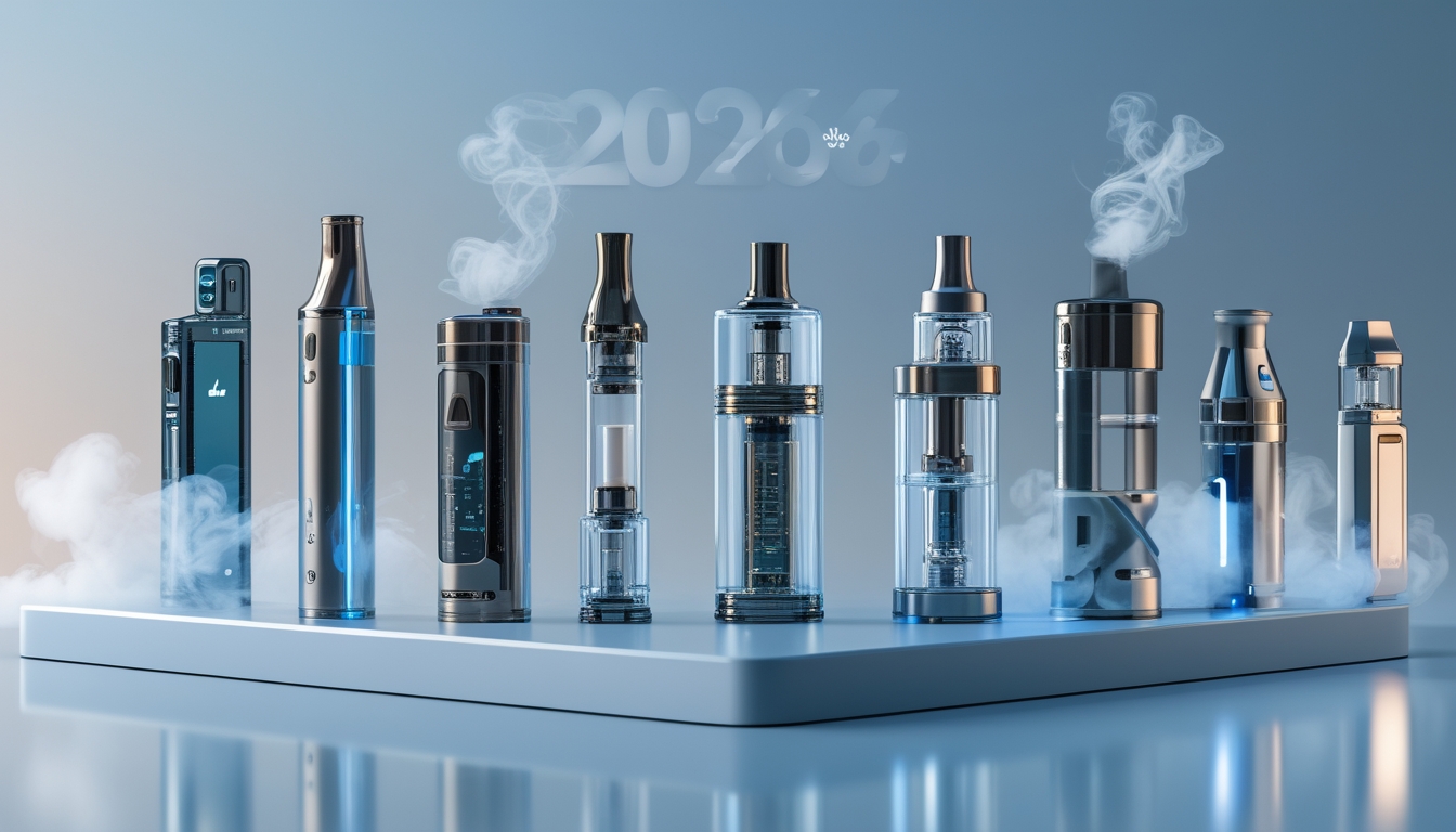 Berbagai perangkat vape futuristik dengan desain modern dan inovatif di atas permukaan reflektif dengan latar belakang biru dan perak.