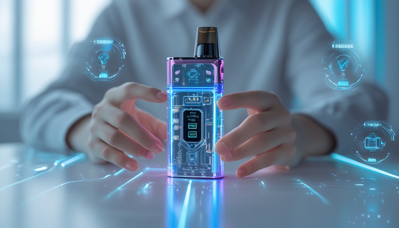 Seseorang memegang perangkat vape modern dengan desain futuristik dan latar belakang bernuansa teknologi.