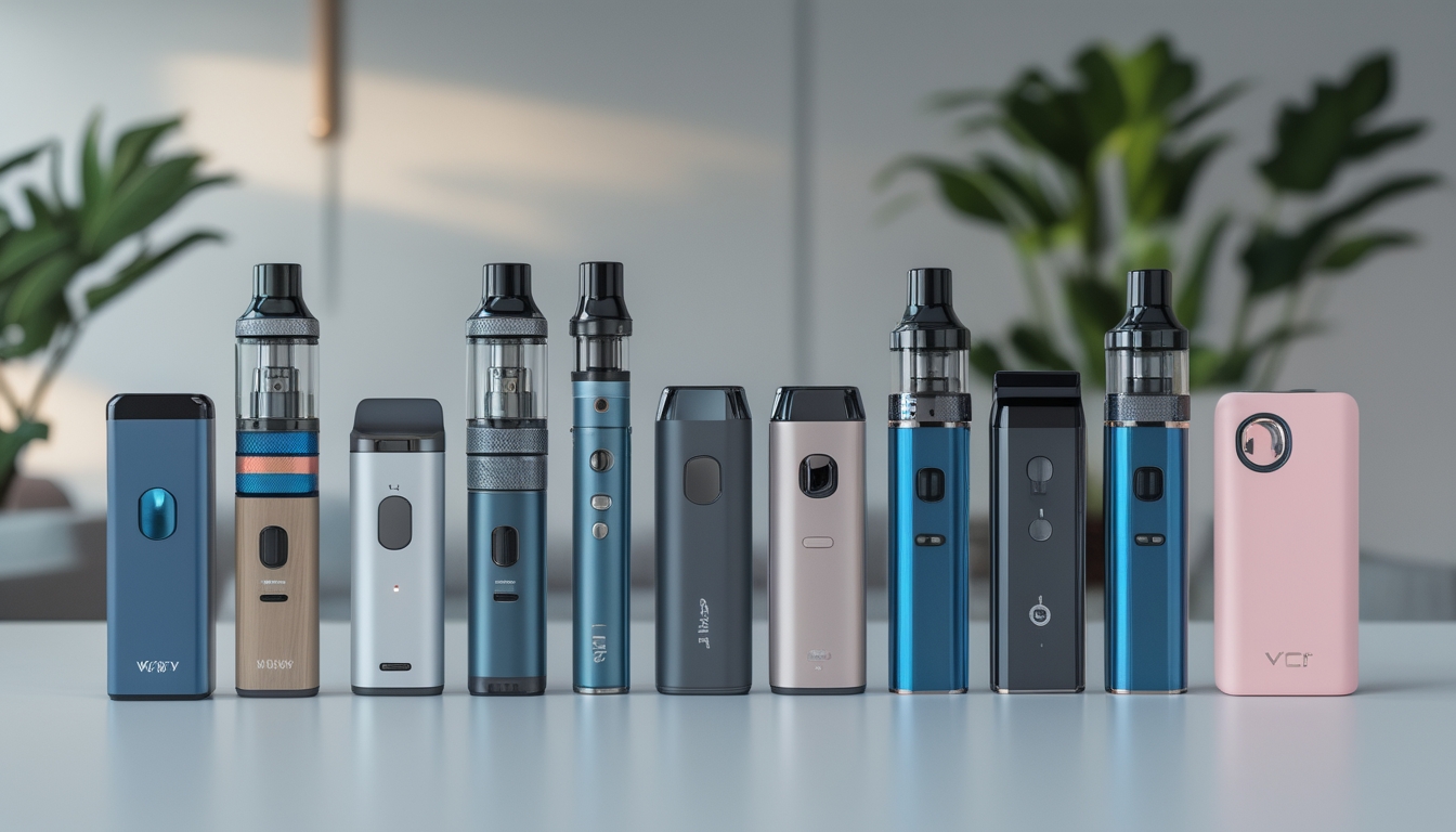 Berbagai jenis vape modern yang tersusun rapi di atas meja dengan latar belakang ruang tamu minimalis.