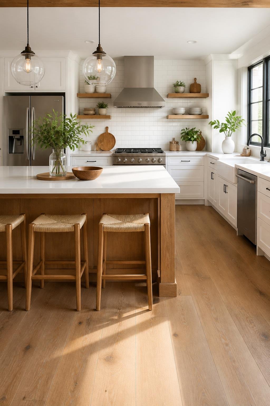 A bright kitchen with white cabinets, wooden shelves, and a wooden island, featuring modern appliances and natural light.