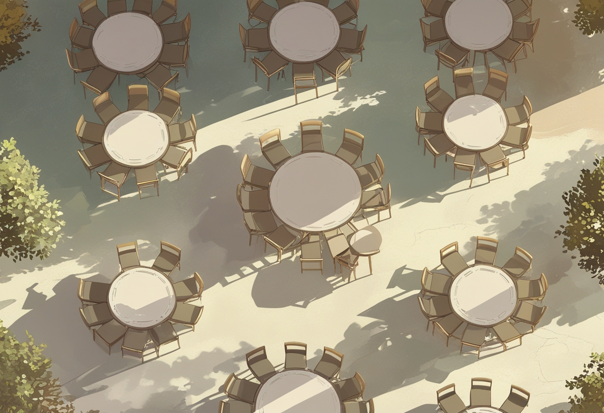 Overhead view of a spacious event hall with tables and chairs arranged to allow easy movement and comfortable seating for guests.