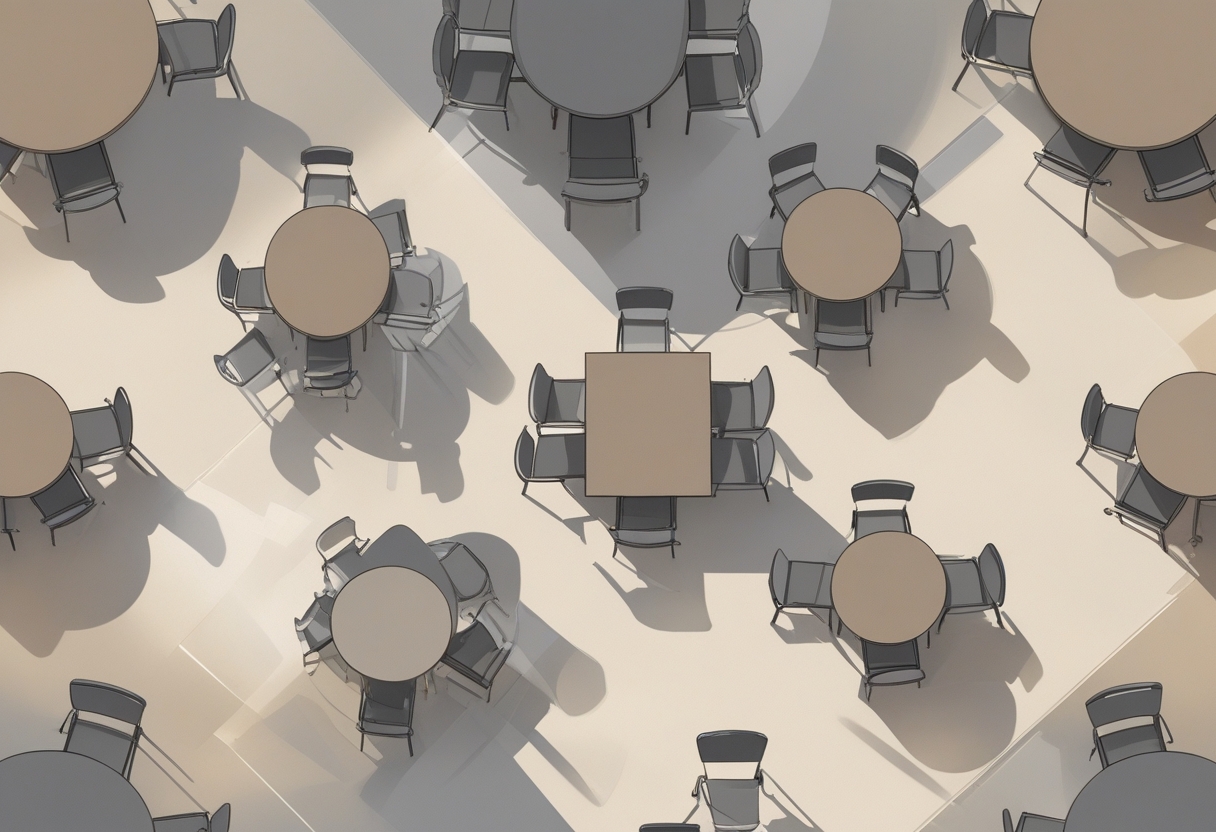 Top-down view of a dining area with tables and chairs arranged spaciously for guest comfort.