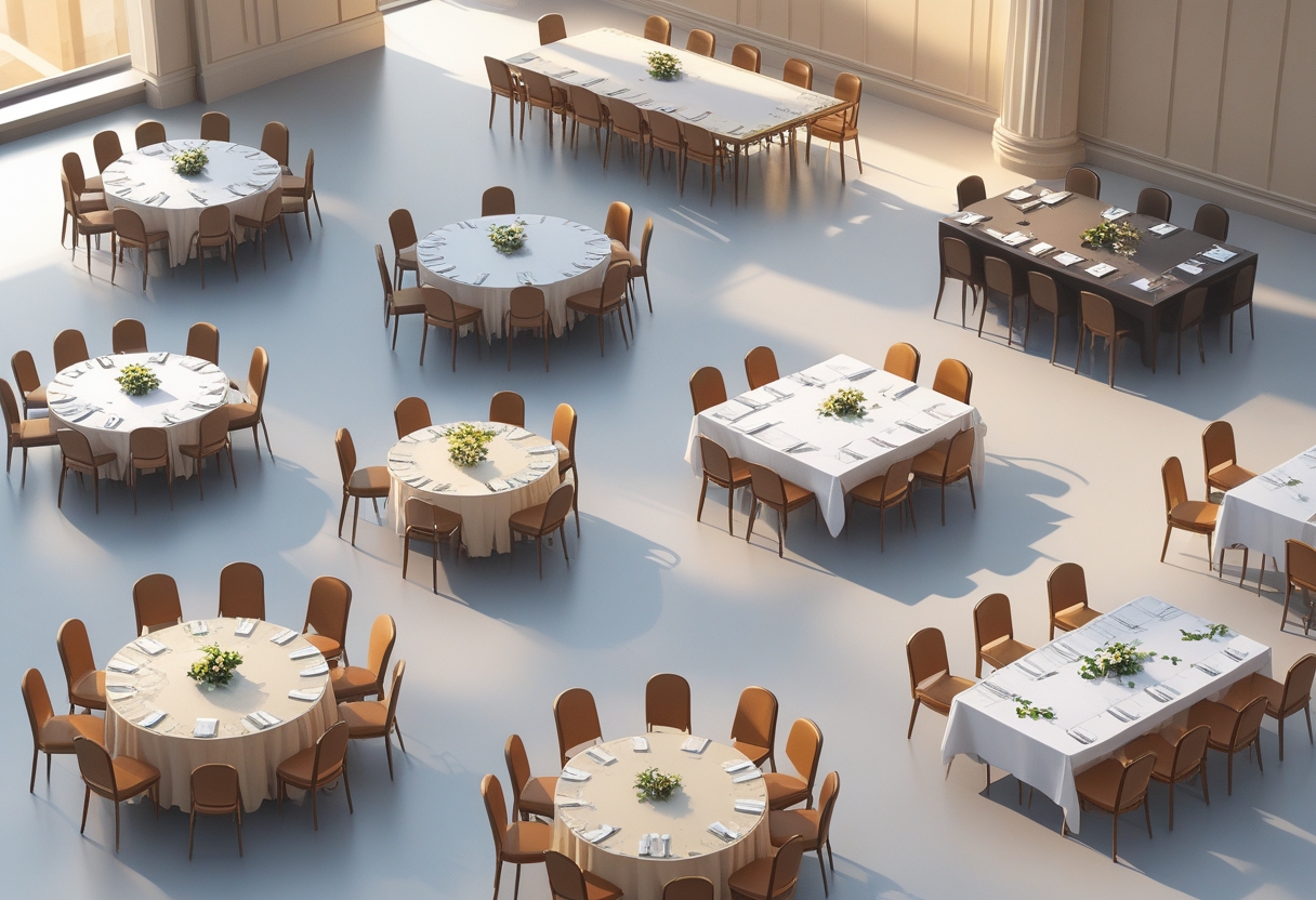 An overhead view showing different table and chair arrangements for various events, including banquet, conference, lounge, and wedding setups.