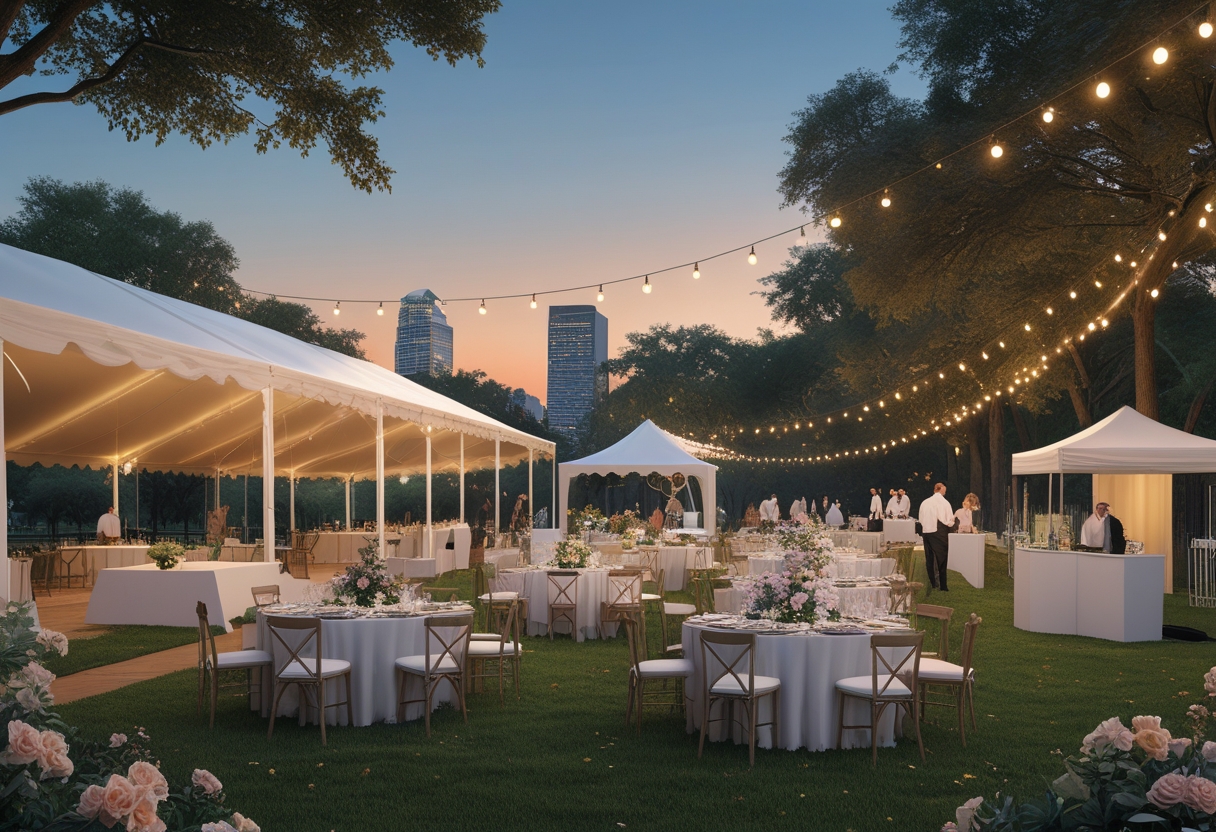 Outdoor gala setup in a park with a large tent, tables, chairs, string lights, a stage, and event staff preparing for the event with a city skyline in the background.
