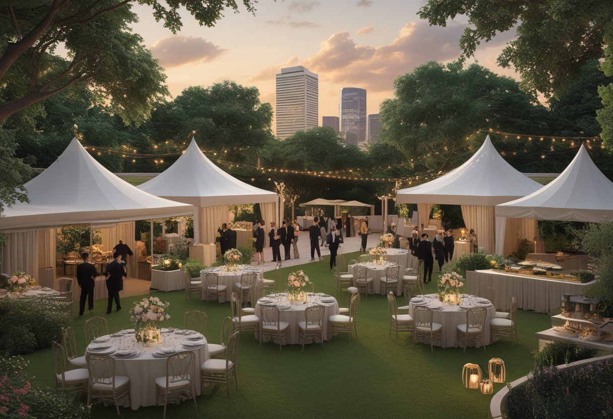 An outdoor evening gala with white tents, round tables with floral centerpieces, string lights, and guests in formal attire in a garden setting with a city skyline in the background.