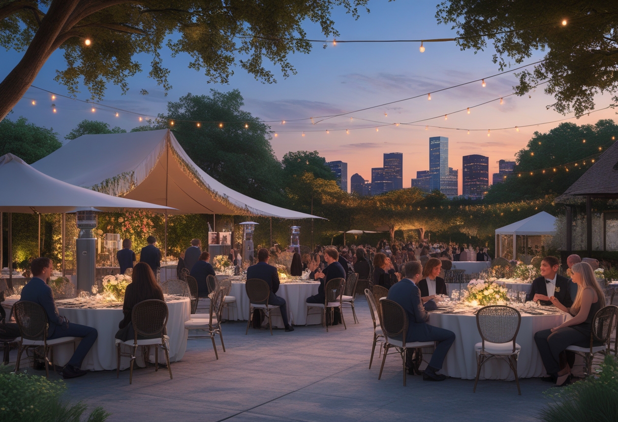 An outdoor gala event in a garden with guests seated at decorated tables, lounge areas, and a stage, set against the Houston skyline at dusk.