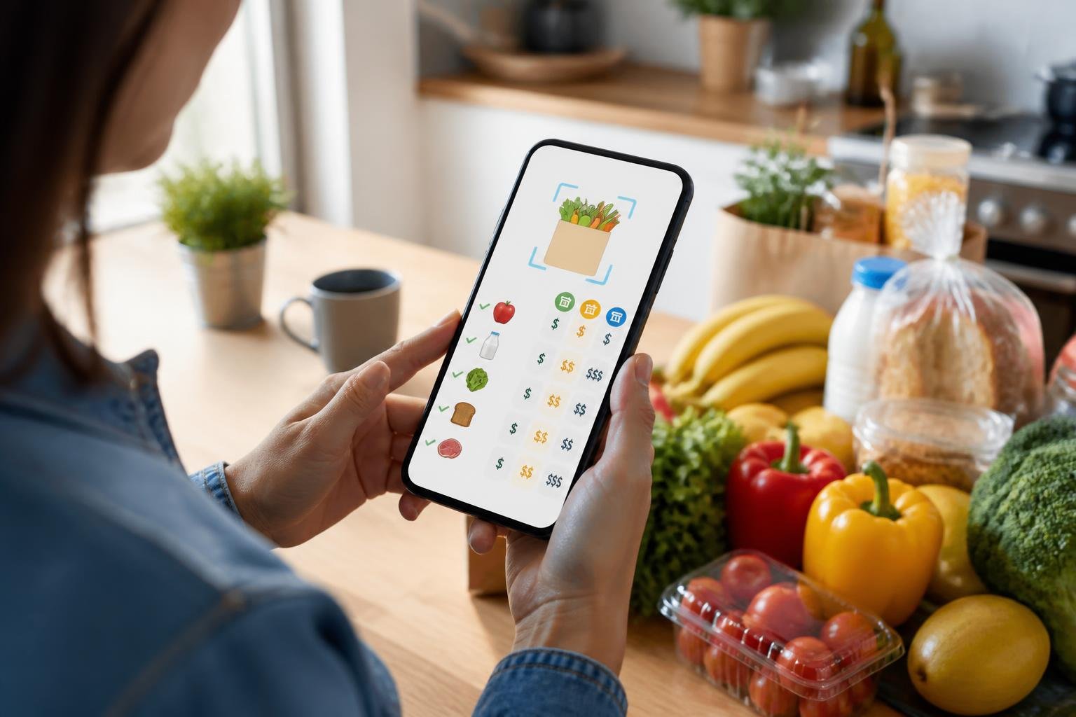 A person holding a smartphone displaying a shopping list scanning app in a kitchen with groceries on the counter.