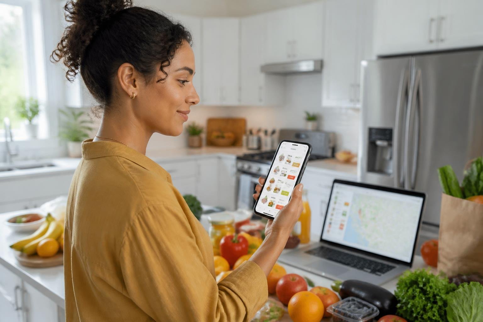 A woman in a kitchen uses a smartphone and laptop to compare local grocery deals while surrounded by fresh groceries.