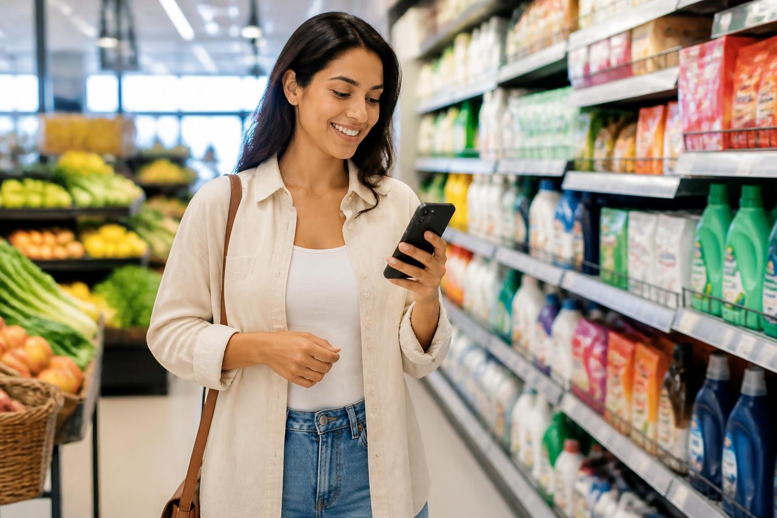 A young woman using a smartphone app to compare prices while shopping in a grocery store aisle.