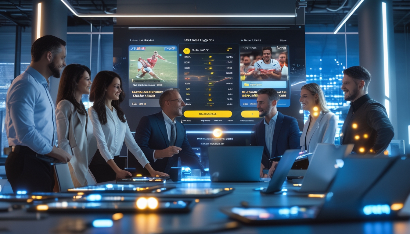 Sekelompok orang dewasa di ruang kantor modern sedang melihat layar digital besar dengan statistik olahraga dan taruhan sepak bola.