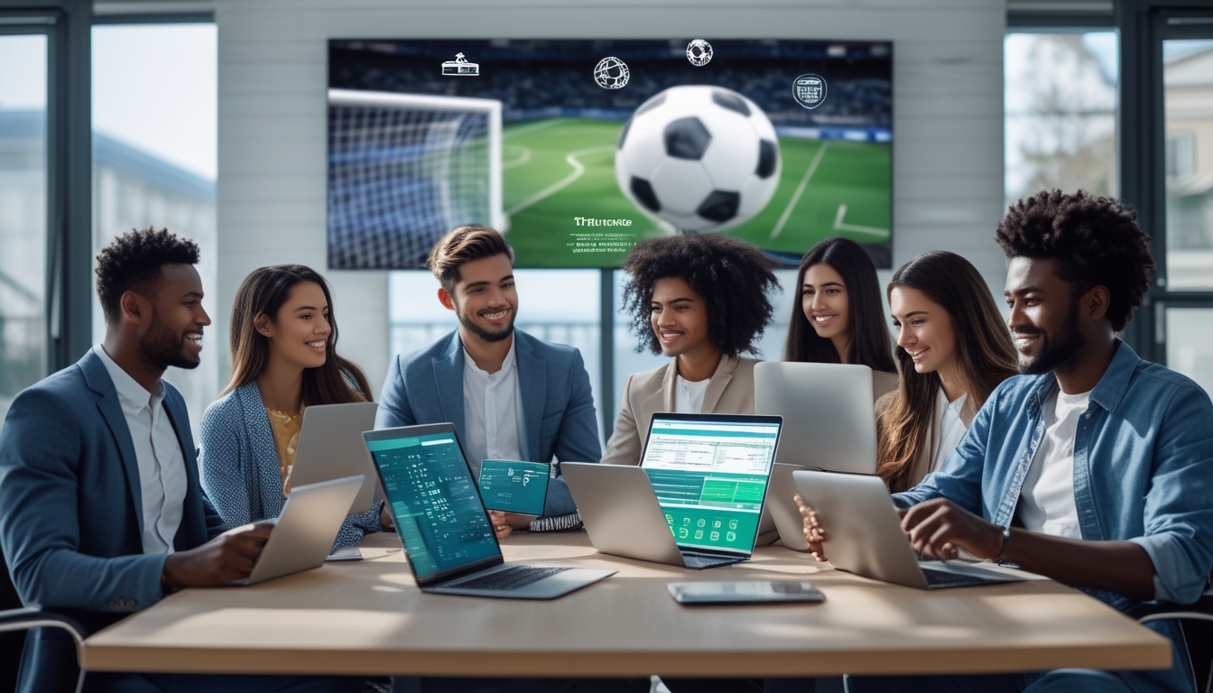 Sekelompok orang beragam sedang menggunakan perangkat digital untuk taruhan bola online di ruang kantor modern yang terang.