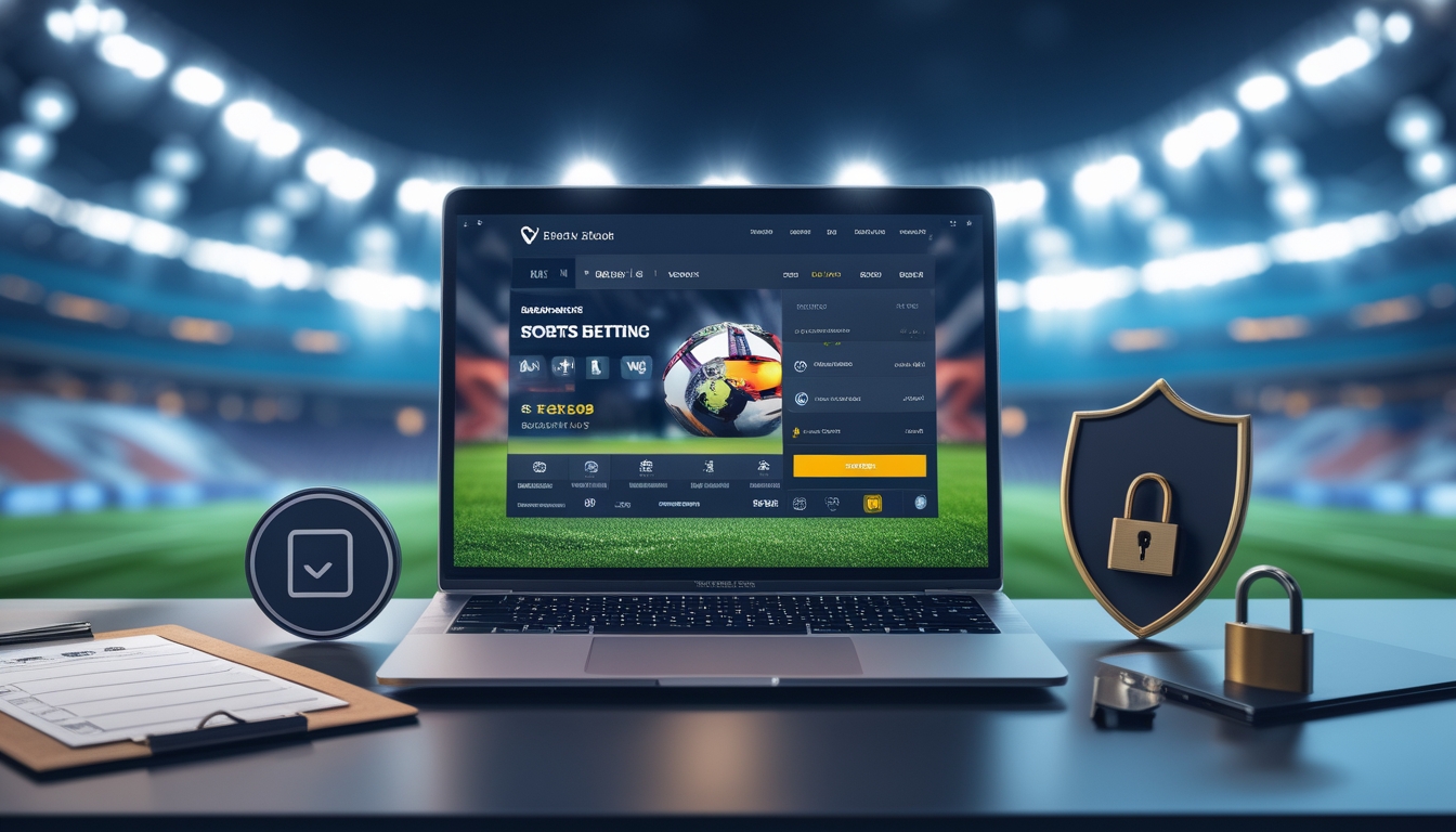 Seorang pria menggunakan laptop dengan tampilan situs taruhan bola online, dikelilingi ikon keamanan dan latar belakang stadion sepak bola.