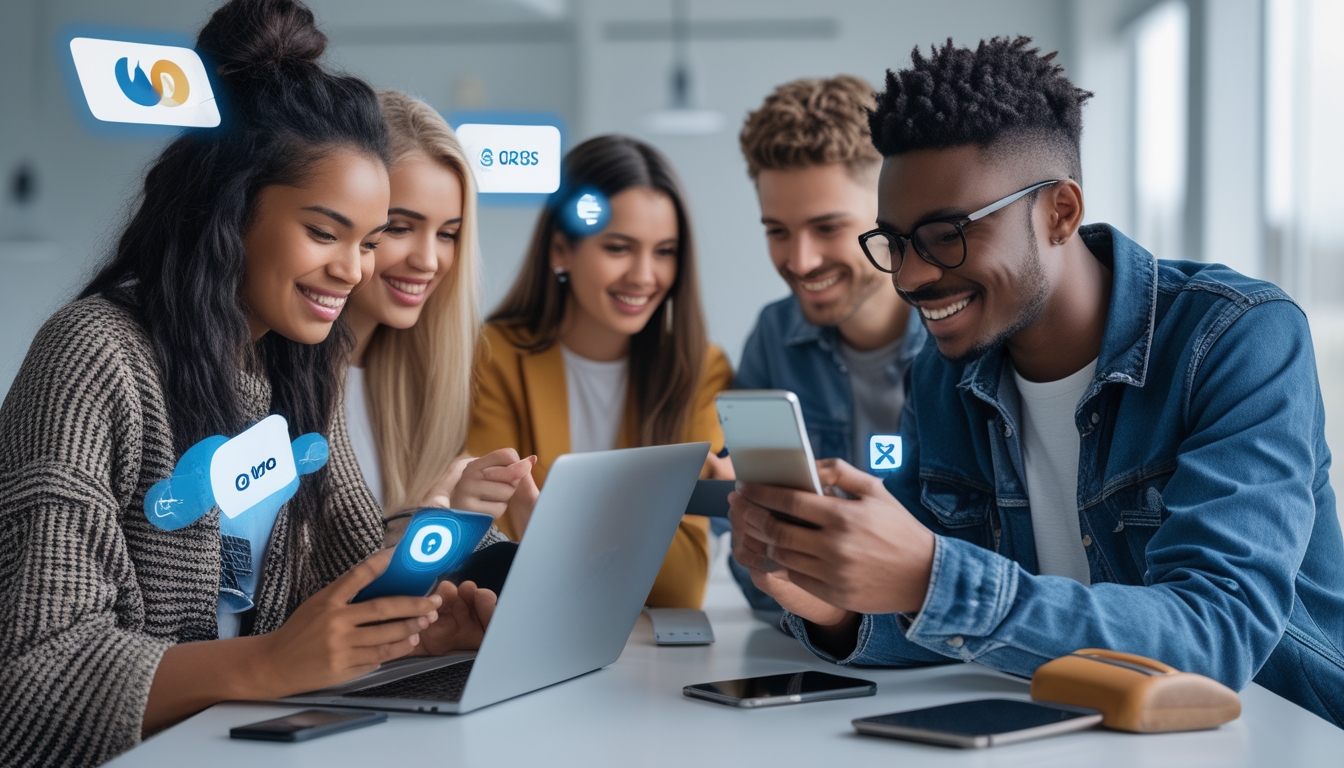 Beberapa orang muda menggunakan ponsel dan laptop untuk melakukan transaksi keuangan digital dengan suasana kantor modern.