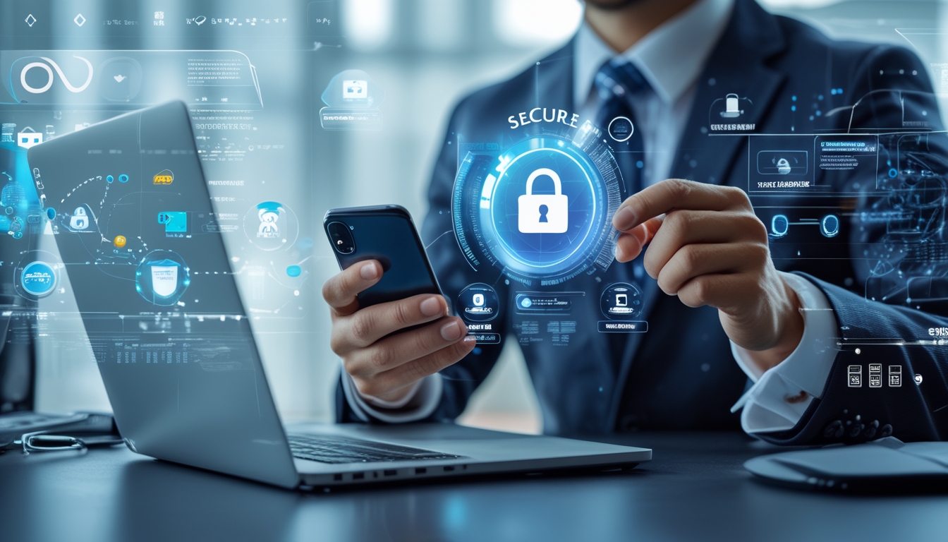 Seorang profesional menggunakan ponsel dan laptop dengan ikon pembayaran digital mengambang di sekitar, menggambarkan keamanan transaksi dan perlindungan data.
