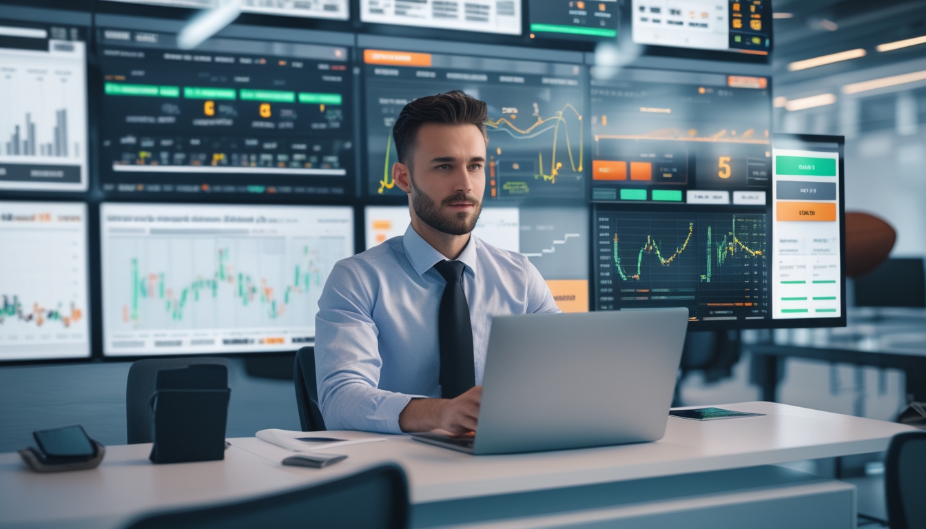 Seorang profesional sedang menganalisis data taruhan olahraga pada beberapa layar digital di kantor modern.