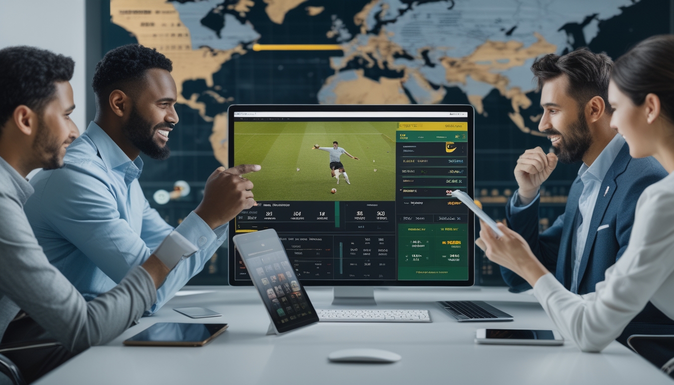 Orang-orang menggunakan perangkat digital untuk memasang taruhan bola secara online dengan latar belakang pertandingan sepak bola yang sedang berlangsung.