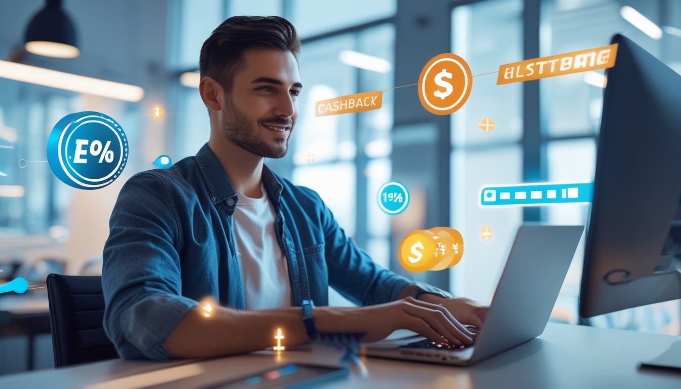 Seseorang menggunakan laptop atau ponsel untuk memasang taruhan olahraga secara online dengan latar belakang yang menunjukkan transaksi cepat dan cashback harian.