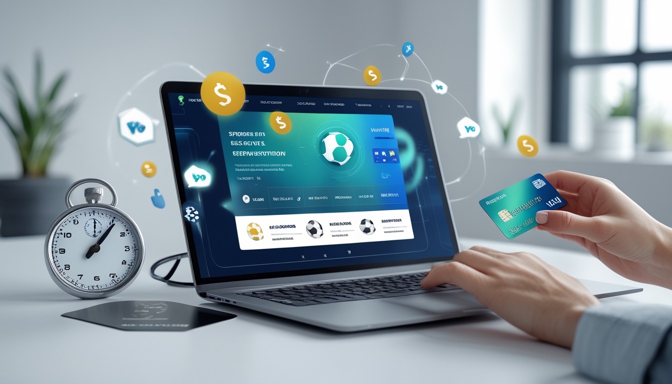 Orang menggunakan laptop dan ponsel untuk taruhan bola online dengan simbol cashback dan proses cepat.