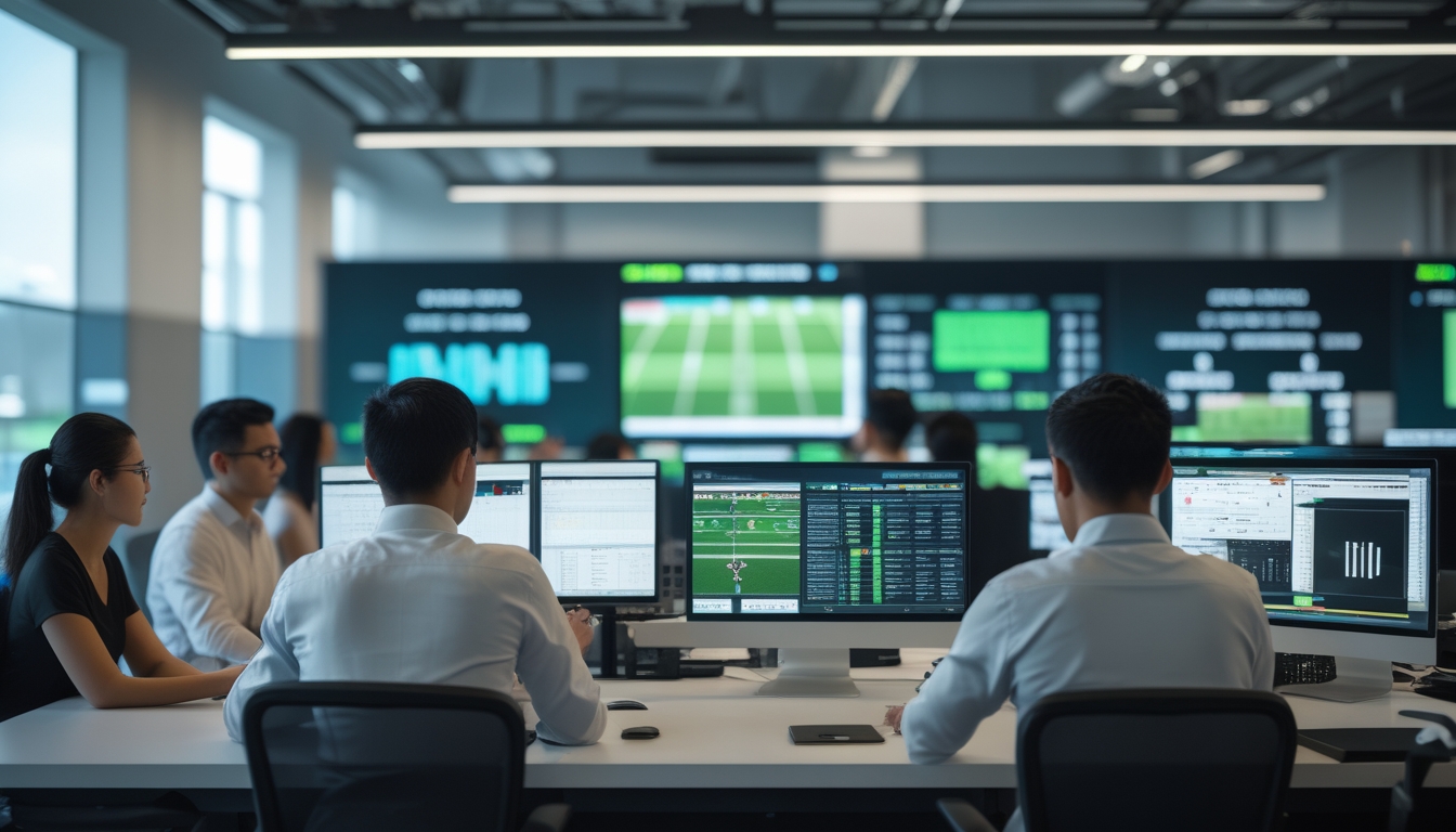 Sejumlah profesional Indonesia sedang bekerja di kantor modern dengan layar komputer menampilkan statistik pertandingan sepak bola secara langsung.