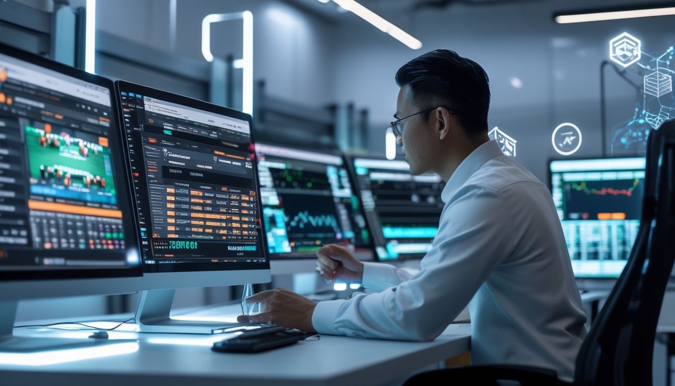Seorang pria Indonesia di kantor modern menggunakan beberapa monitor komputer yang menampilkan data taruhan olahraga secara real-time.