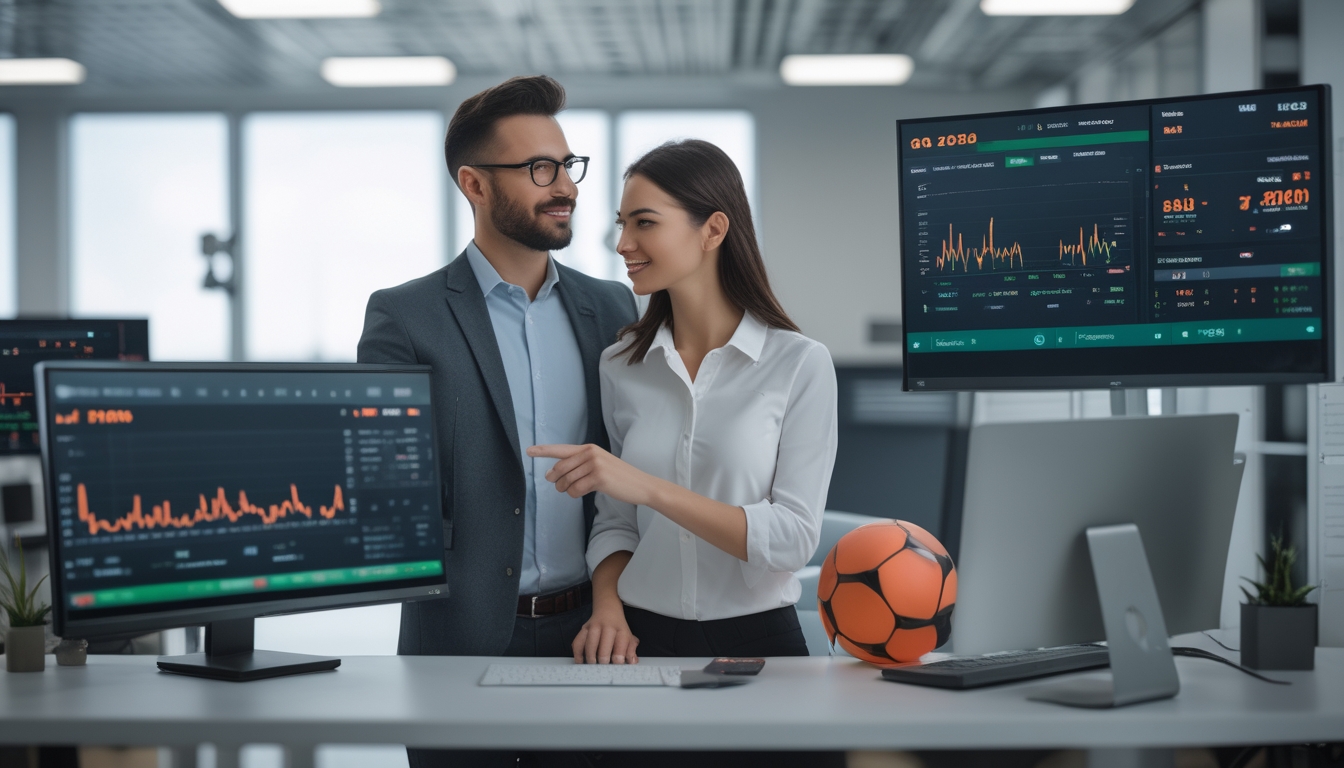 Dua orang sedang menganalisis data taruhan sepak bola di depan beberapa layar digital di sebuah kantor modern.