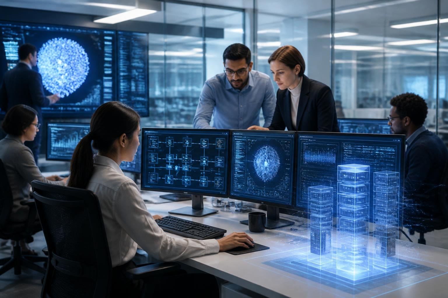 a team of professionals working together in a modern office with multiple monitors showing data visualizations and network diagrams related to ai and proxy infrastructure.