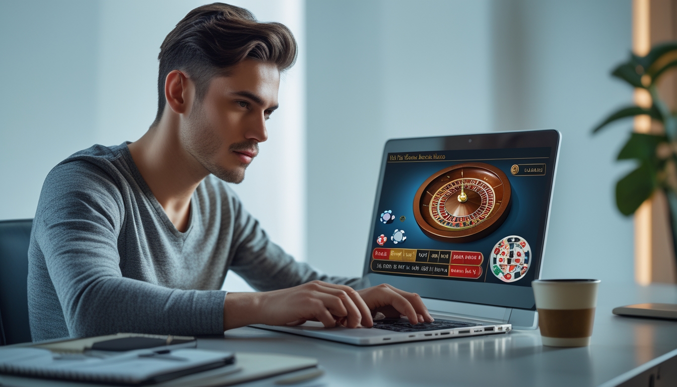 Seorang pria muda duduk di depan laptop di meja modern, fokus bermain roulette online dengan suasana tenang dan rapi.