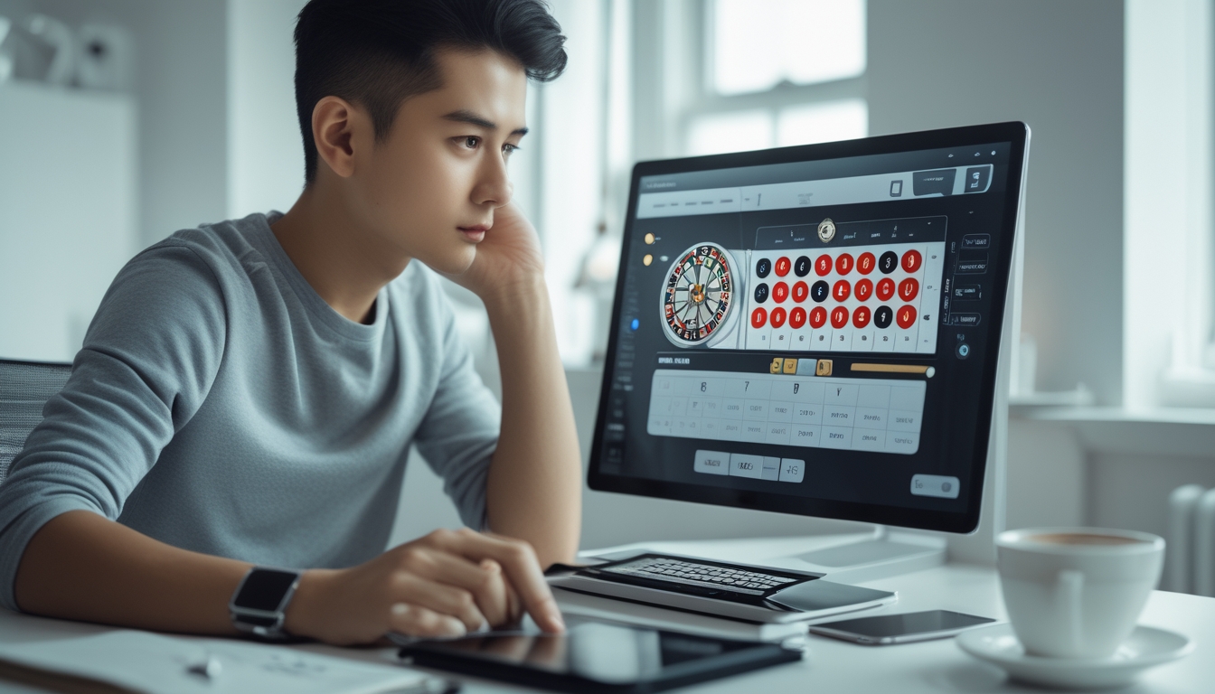 Seorang dewasa muda duduk di meja dengan laptop yang menampilkan permainan roulette online, tampak fokus dan sedang merencanakan strategi taruhan.