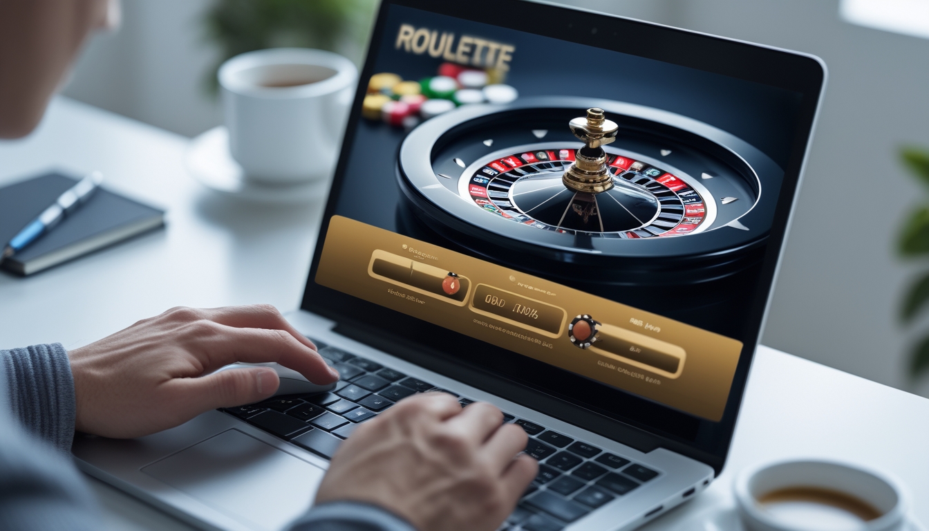 Seseorang bermain roulette online di komputer dengan suasana kerja yang rapi dan tenang.