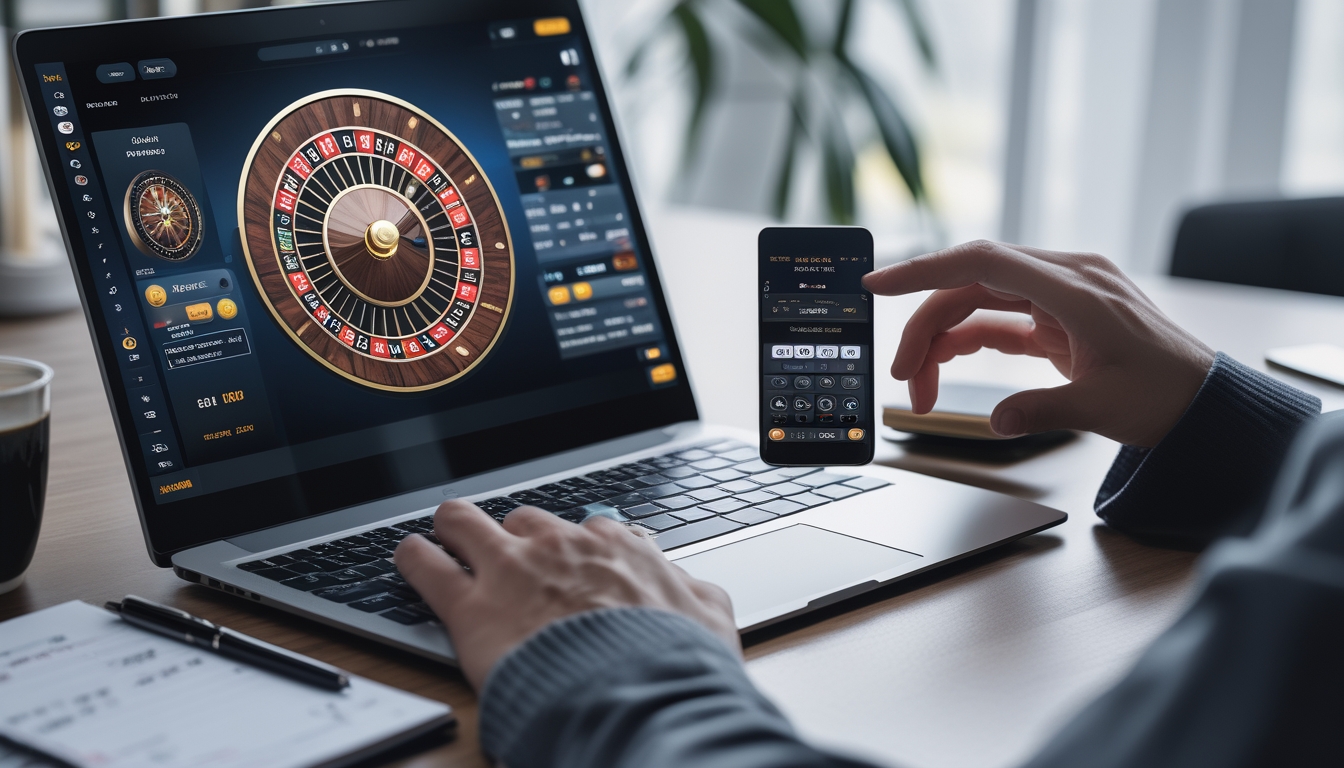 Seseorang bermain roulette online menggunakan laptop dan smartphone di meja dengan suasana tenang dan fokus.