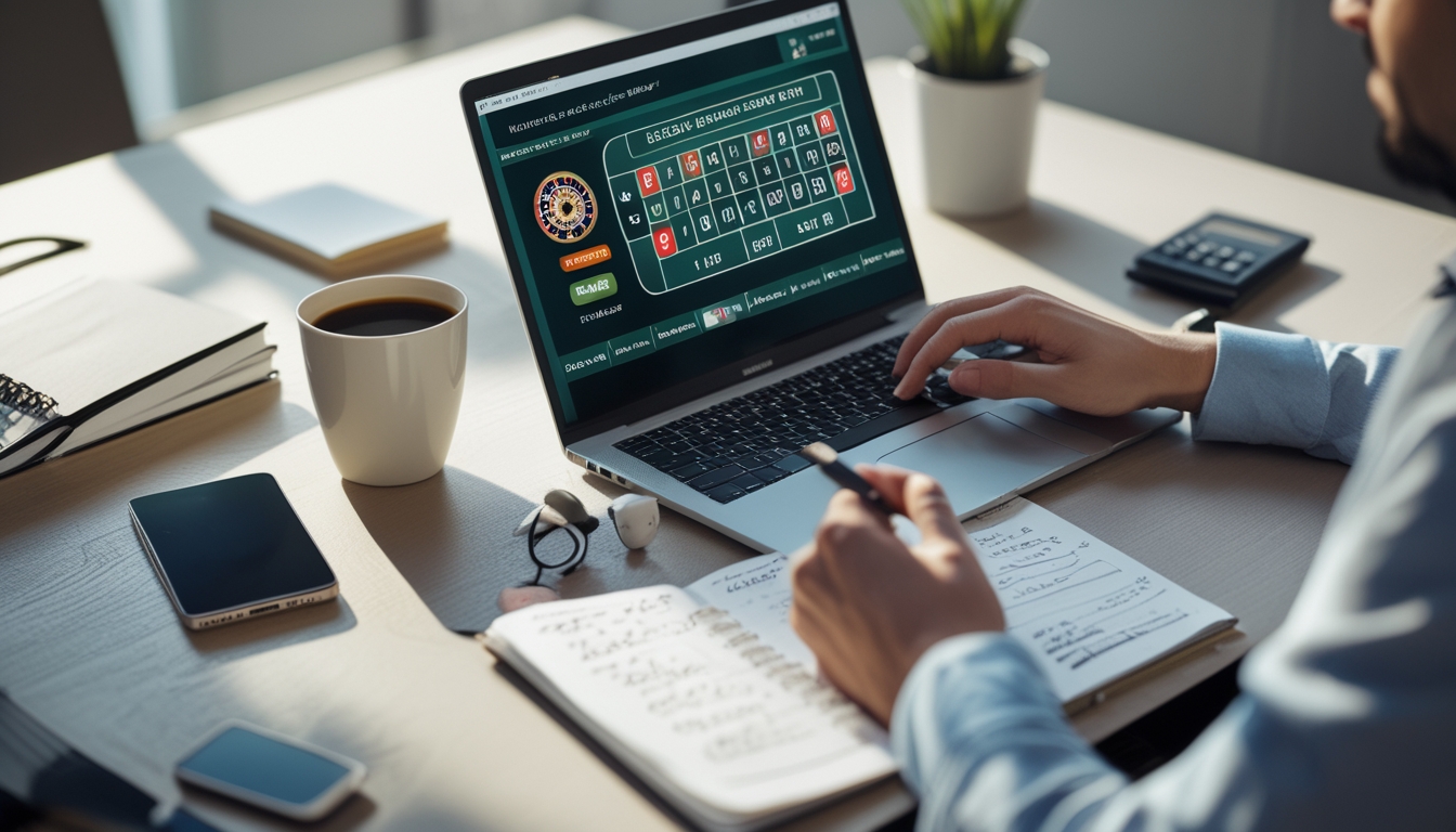 Seseorang duduk di meja kerja dengan laptop yang menampilkan permainan roulette, buku catatan, dan kopi, sedang fokus mengelola strategi dan modal harian.