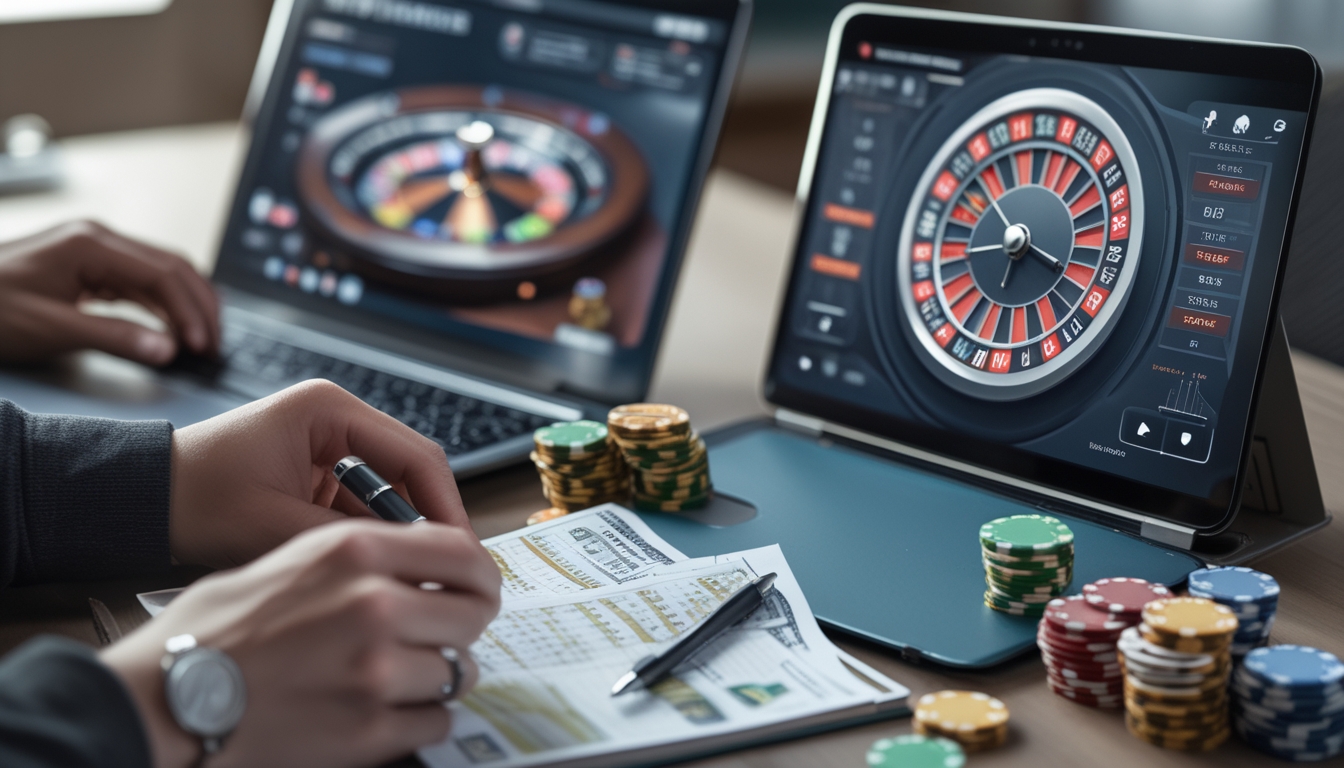 Seseorang sedang bermain roulette online dengan komputer, catatan strategi, dan tumpukan chip di atas meja.