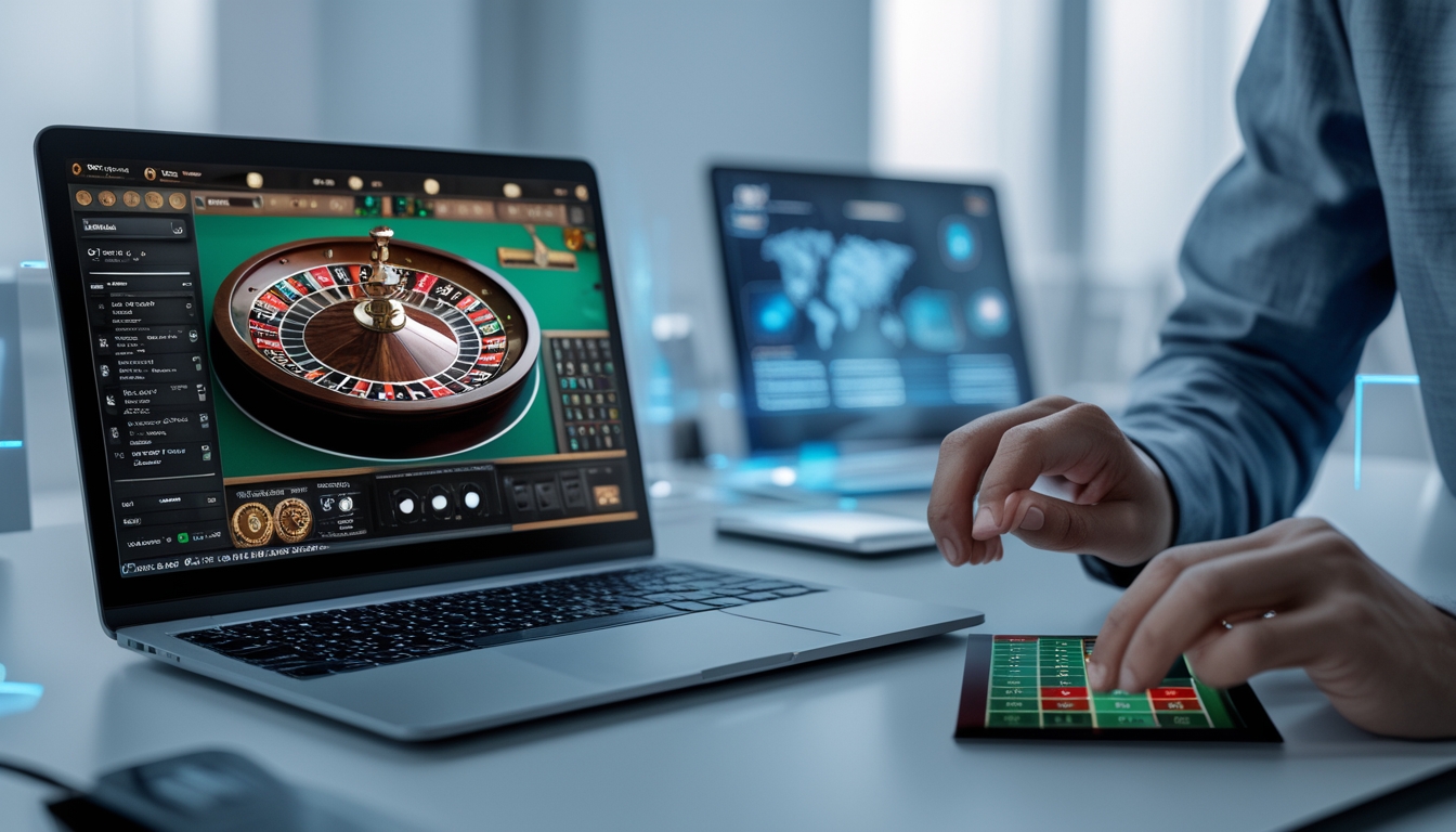 Seseorang menggunakan laptop dan perangkat layar sentuh untuk bermain roulette online dengan latar belakang ruang kerja modern dan pencahayaan biru lembut.