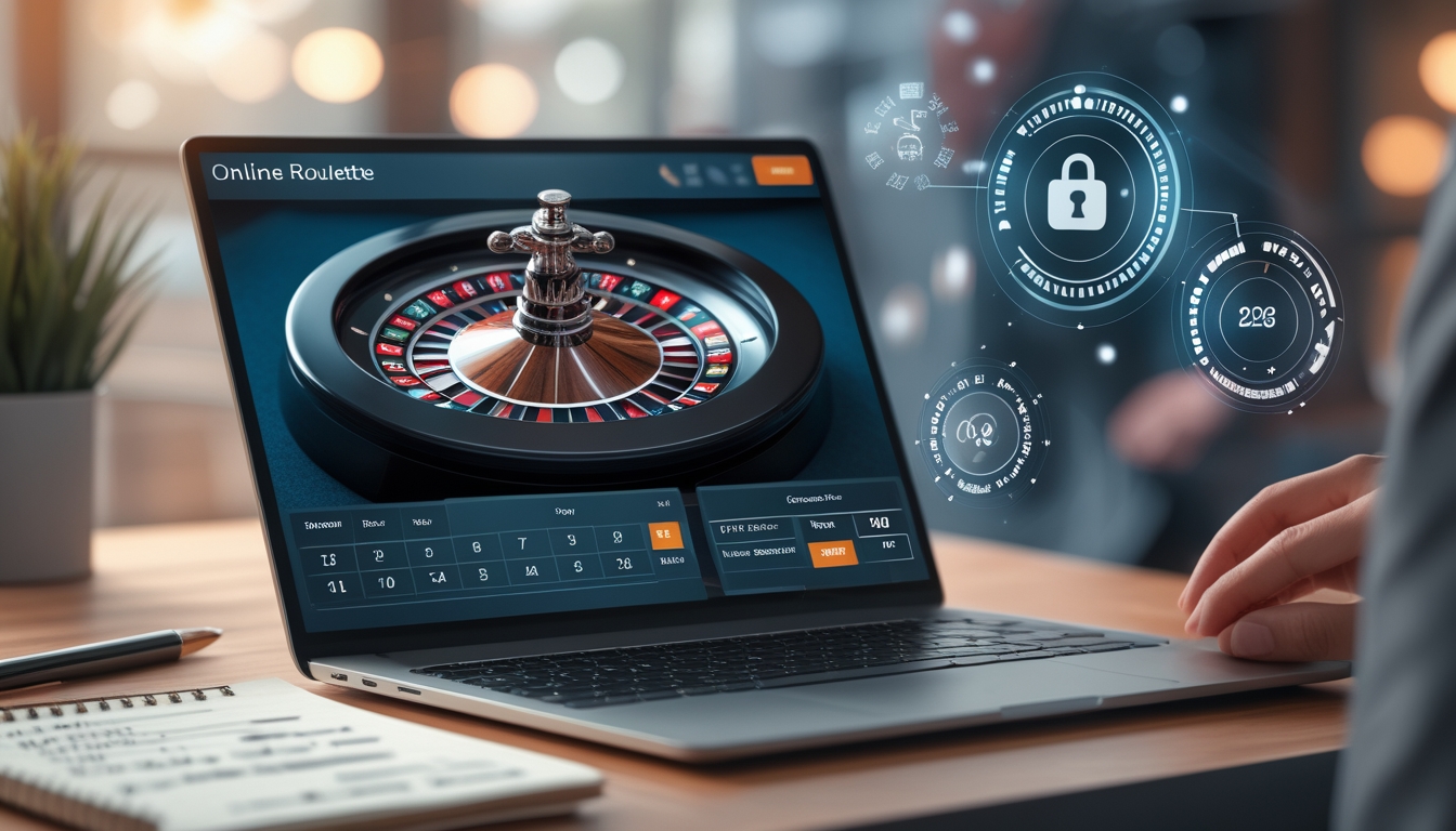 Seseorang menggunakan laptop dengan tampilan roda roulette online, di meja terdapat catatan dan ponsel dengan ikon keamanan.