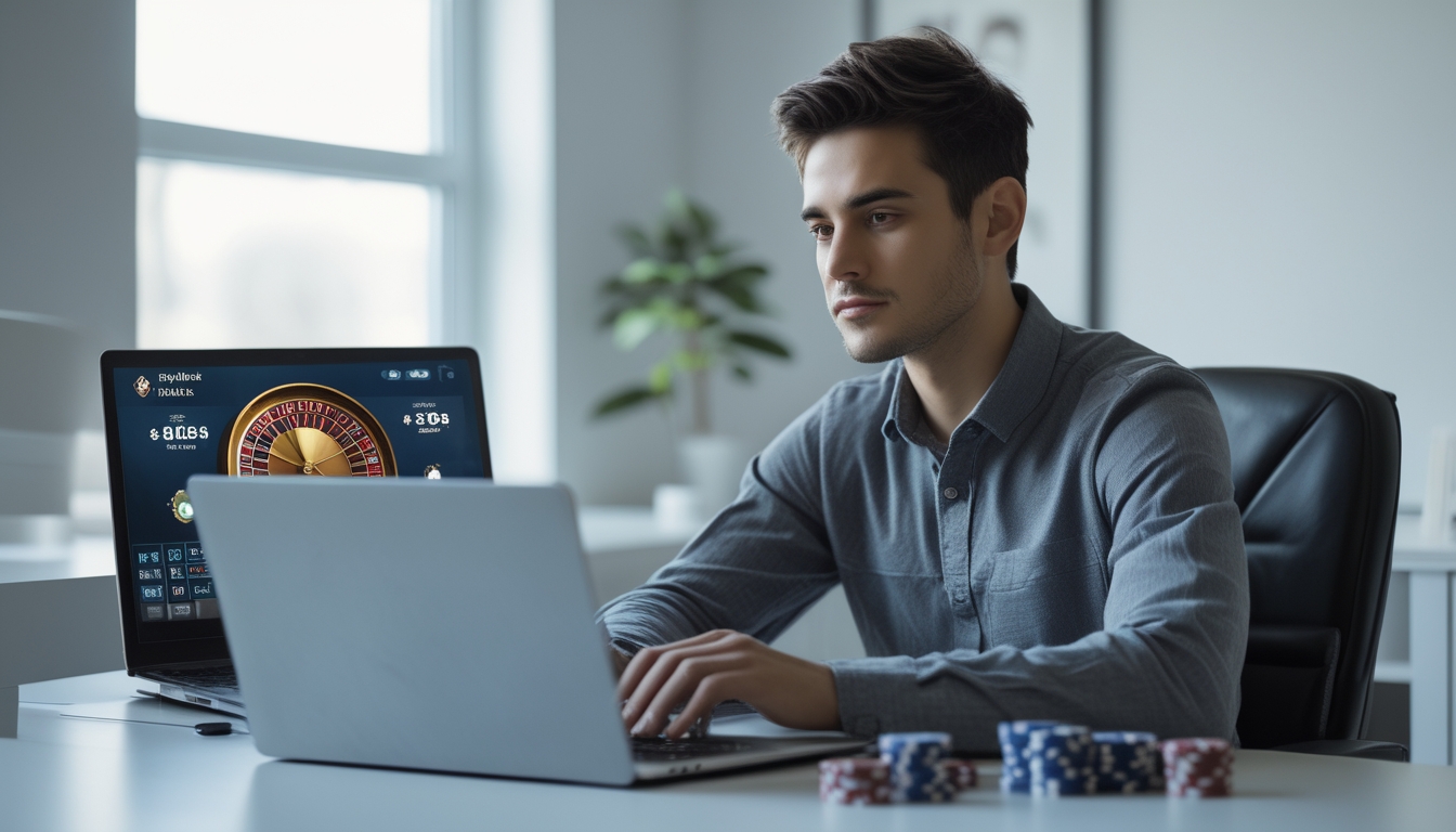 Seorang pria muda duduk di meja dengan laptop, bermain roulette online dengan fokus dan tenang di ruang kerja yang rapi.