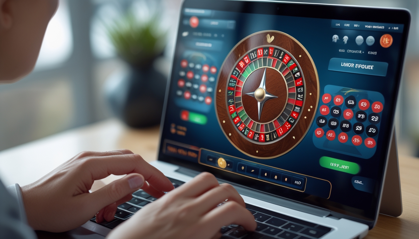 Seseorang menggunakan komputer dengan tampilan roda roulette digital yang berwarna-warni, menunjukkan suasana bermain roulette online.