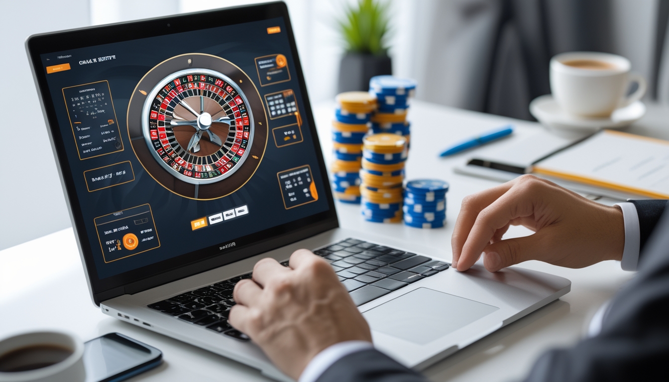 Seseorang menggunakan laptop dan ponsel di meja kerja dengan roda roulette dan tumpukan chip taruhan di sampingnya.