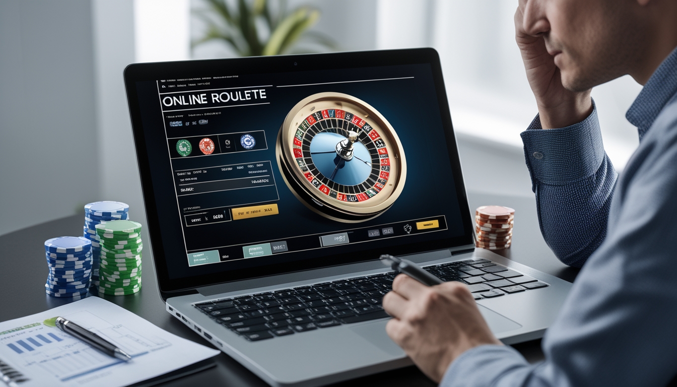 Seseorang sedang menggunakan komputer dengan tampilan roda roulette dan chip taruhan di meja, terlihat fokus menganalisis strategi taruhan.