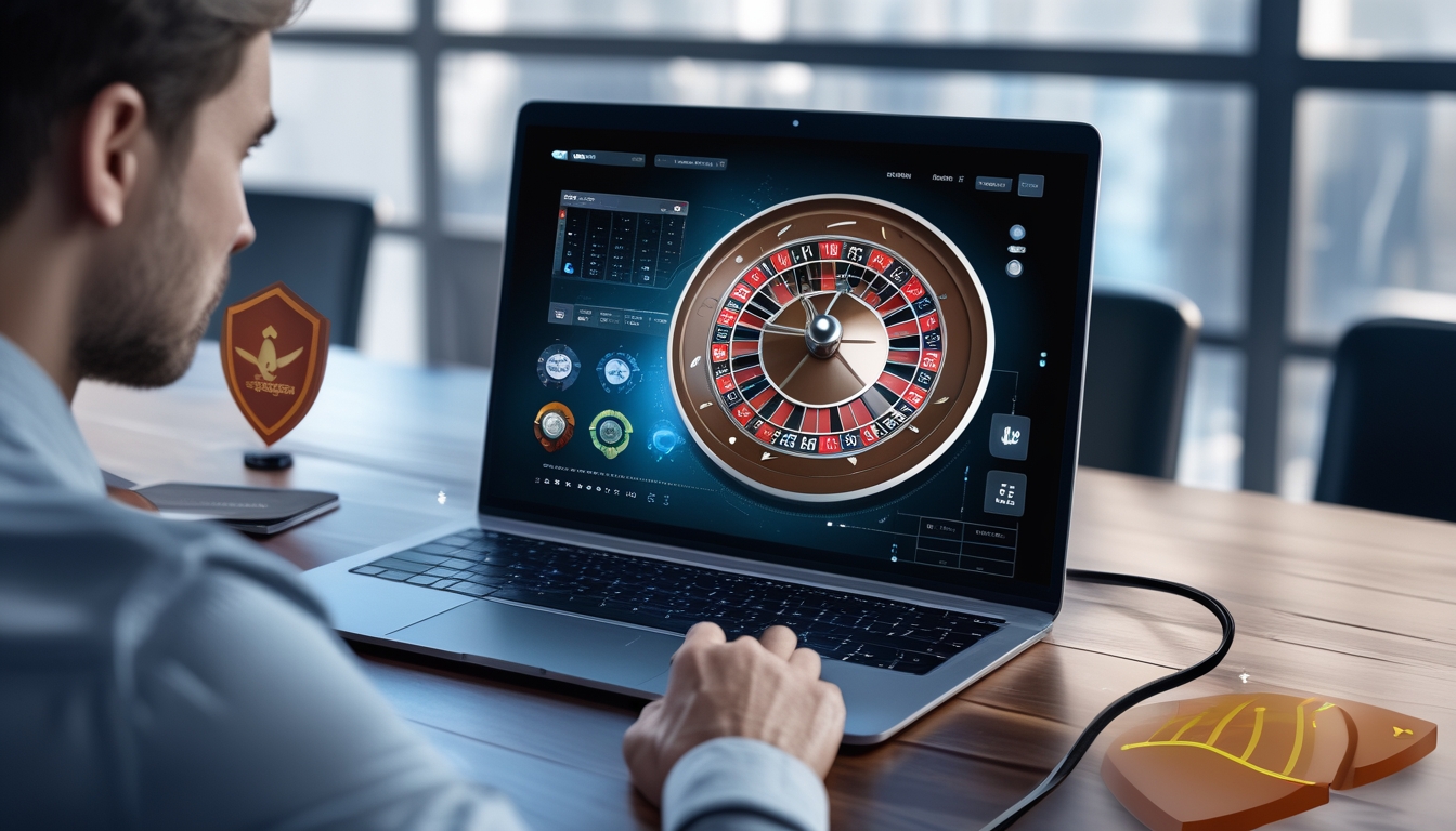 Seorang pemain duduk di depan komputer dengan tampilan roda roulette digital, suasana tenang dan fokus pada strategi permainan.