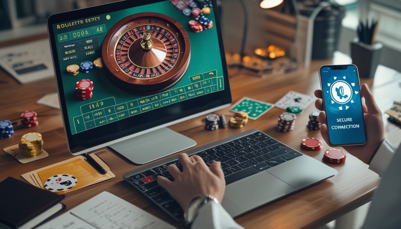 Sebuah meja kerja dengan laptop menampilkan permainan roulette online, dilengkapi dengan catatan strategi dan ponsel yang menunjukkan koneksi aman.